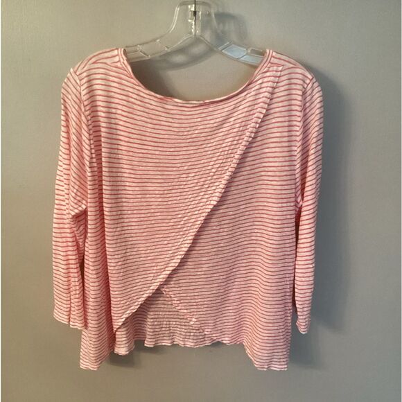 THREE DOTS SIZE LARGE WHITE RED STRIPED LINEN BLEND 3/4 SLEEVE FLYAWAY BACK TOP - Picture 3 of 5